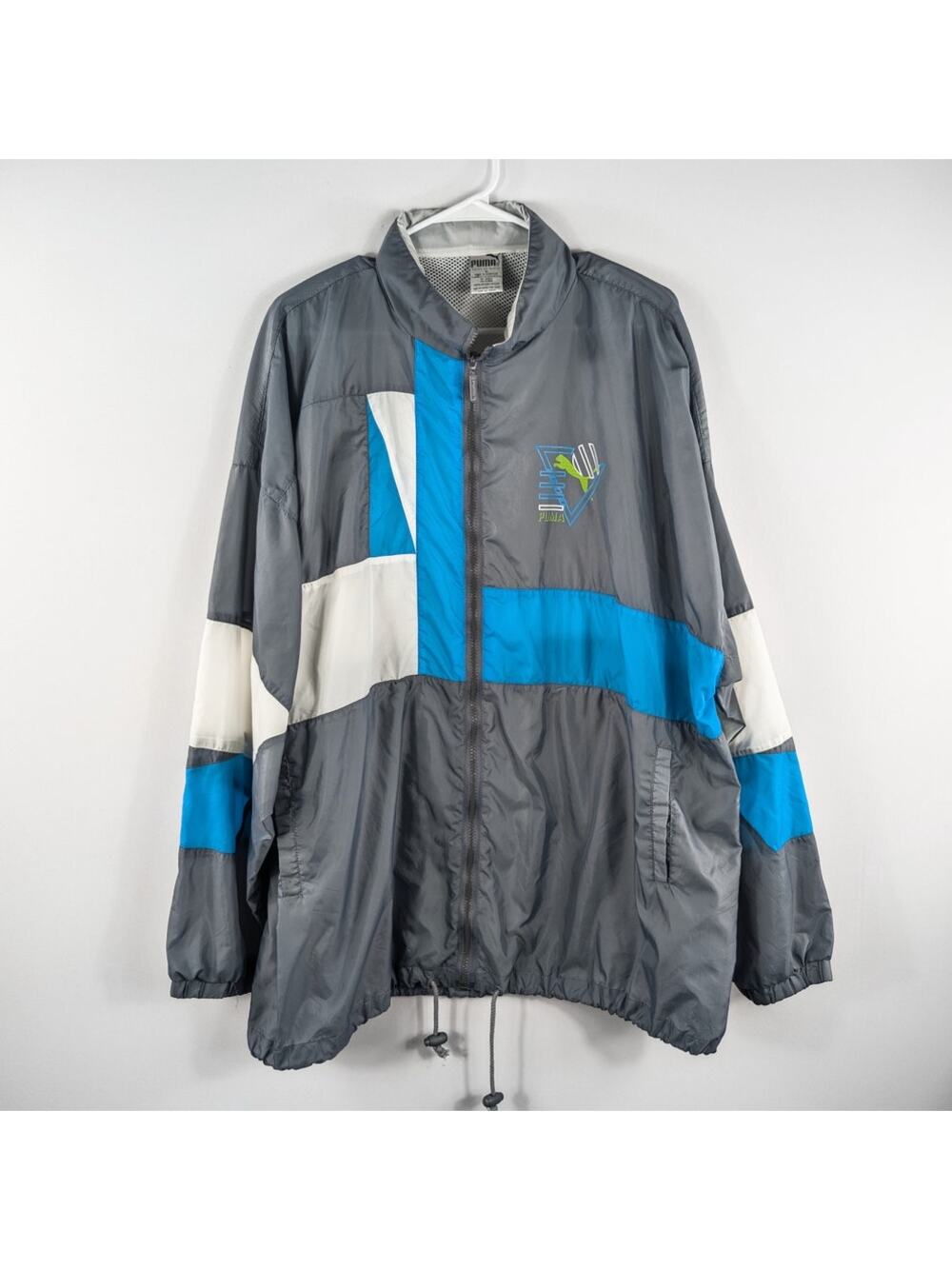 Puma XL Vintage Windbreaker Jacket Gray Blue Nylon Mesh Lined Full Zip Track